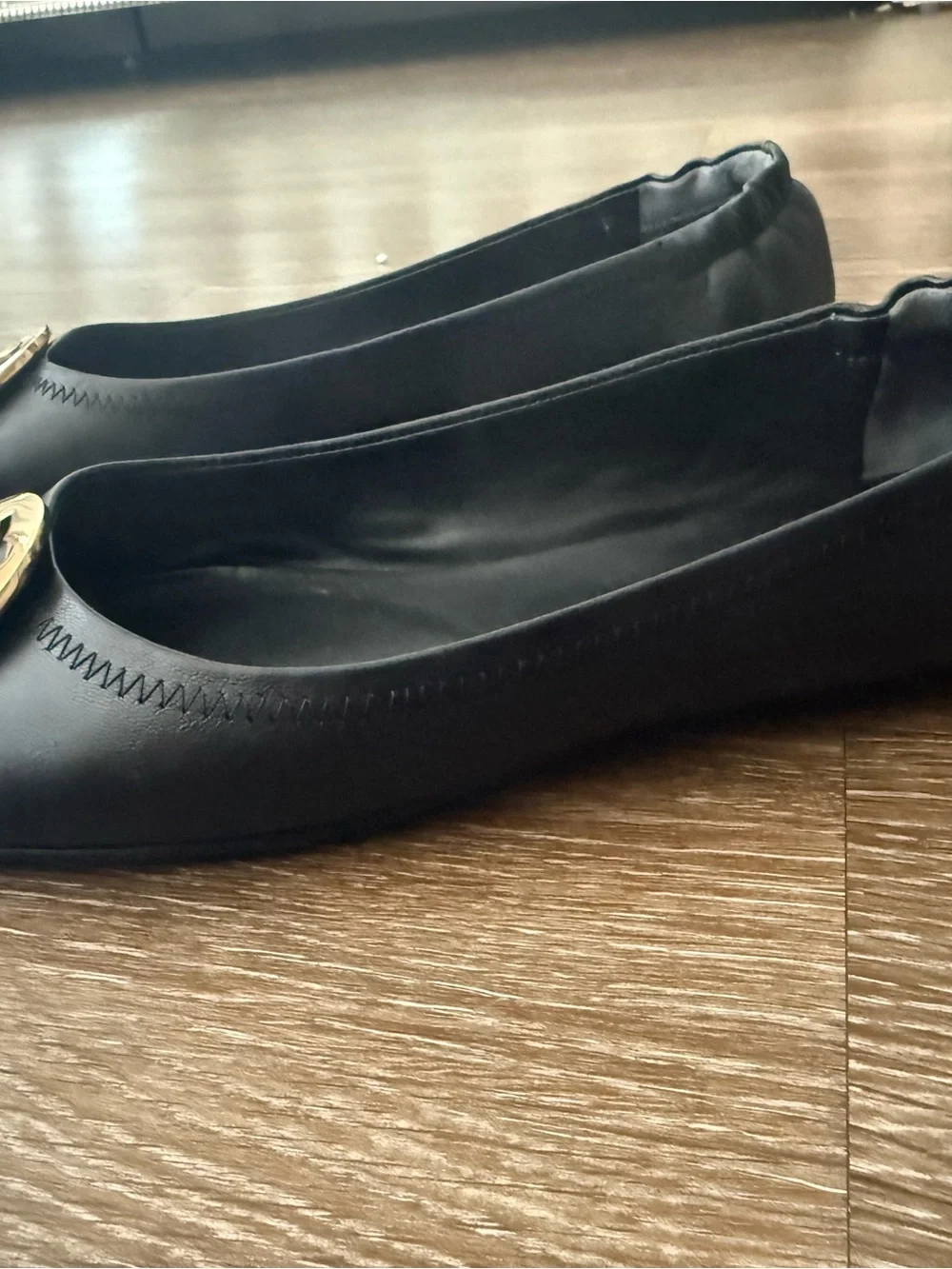 Tory Burch Black Leather Logo Ballet Flats with Gold Emblem